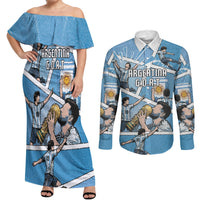 Custom Argentina Football Couples Matching Off Shoulder Maxi Dress and Long Sleeve Button Shirt Goat Comic Style Sun Of May