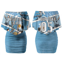 Custom Argentina Football Family Matching Off Shoulder Short Dress and Hawaiian Shirt Goat Comic Style Sun Of May