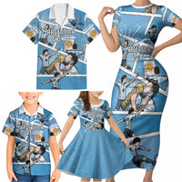 Custom Argentina Football Family Matching Short Sleeve Bodycon Dress and Hawaiian Shirt Goat Comic Style Sun Of May