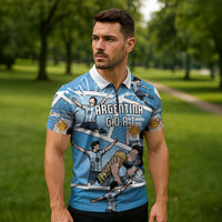 Custom Argentina Football Zipper Polo Shirt Goat Comic Style Sun Of May