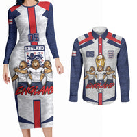 Custom England Football Couples Matching Long Sleeve Bodycon Dress and Long Sleeve Button Shirt Three Lions Trophy St George Cross