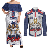 Custom England Football Couples Matching Off Shoulder Maxi Dress and Long Sleeve Button Shirt Three Lions Trophy St George Cross