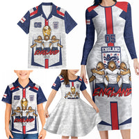 Custom England Football Family Matching Long Sleeve Bodycon Dress and Hawaiian Shirt Three Lions Trophy St George Cross