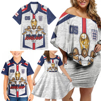 Custom England Football Family Matching Off Shoulder Short Dress and Hawaiian Shirt Three Lions Trophy St George Cross