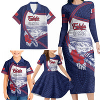 Personalised Falefa Samoa Village Family Matching Long Sleeve Bodycon Dress and Hawaiian Shirt Valley Polynesian Tribal Hibiscus Floral