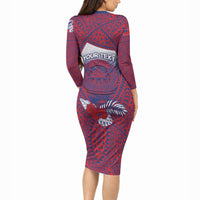 Personalised Faleula Samoa Village Long Sleeve Bodycon Dress Falefa Valley Polynesian Tribal Hibiscus Floral