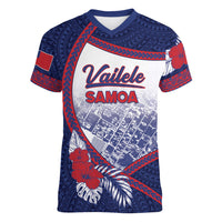 Personalised Vailele Samoa Village Women V-Neck T-Shirt Map Polynesian Tribal Hibiscus Floral