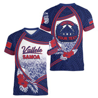 Personalised Vailele Samoa Village Women V-Neck T-Shirt Map Polynesian Tribal Hibiscus Floral
