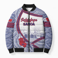 Personalised Salelologa Samoa Village Bomber Puffer Jacket Polynesian Tribal Church Landmark Hibiscus Floral