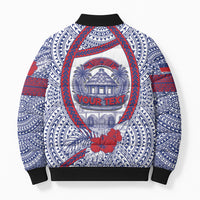 Personalised Salelologa Samoa Village Bomber Puffer Jacket Polynesian Tribal Church Landmark Hibiscus Floral
