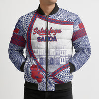 Personalised Salelologa Samoa Village Bomber Puffer Jacket Polynesian Tribal Church Landmark Hibiscus Floral