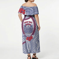 Personalised Salelologa Samoa Village Off Shoulder Maxi Dress Polynesian Tribal Church Landmark Hibiscus Floral