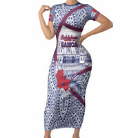 Personalised Salelologa Samoa Village Short Sleeve Bodycon Dress Polynesian Tribal Church Landmark Hibiscus Floral