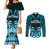 Custom Aotearoa Ngati Porou Couples Matching Mermaid Dress and Long Sleeve Button Shirt Maori Pattern New Zealand DT05 Blue - Polynesian Pride