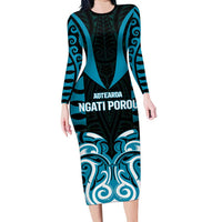 Custom Aotearoa Ngati Porou Family Matching Long Sleeve Bodycon Dress and Hawaiian Shirt Maori Pattern New Zealand DT05 Mom's Dress Blue - Polynesian Pride