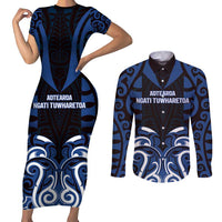 Custom Aotearoa Ngati Tuwharetoa Couples Matching Short Sleeve Bodycon Dress and Long Sleeve Button Shirt Maori Pattern New Zealand DT05 Navy - Polynesian Pride