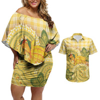 Hawaii Palaka Couples Matching Off Shoulder Short Dress and Hawaiian Shirt Cute Ripe Mango Turtle On The Waves