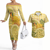 Hawaii Palaka Couples Matching Off The Shoulder Long Sleeve Dress and Hawaiian Shirt Cute Ripe Mango Turtle On The Waves