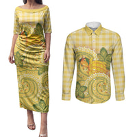 Hawaii Palaka Couples Matching Puletasi and Long Sleeve Button Shirt Cute Ripe Mango Turtle On The Waves