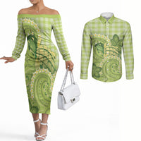 Hawaii Palaka Couples Matching Off The Shoulder Long Sleeve Dress and Long Sleeve Button Shirt Cute Green Mango Turtle On The Waves