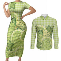 Hawaii Palaka Couples Matching Short Sleeve Bodycon Dress and Long Sleeve Button Shirt Cute Green Mango Turtle On The Waves