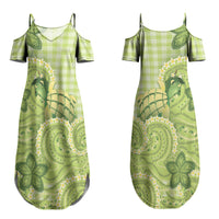 Hawaii Palaka Couples Matching Summer Maxi Dress and Long Sleeve Button Shirt Cute Green Mango Turtle On The Waves