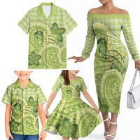 Hawaii Palaka Family Matching Off The Shoulder Long Sleeve Dress and Hawaiian Shirt Cute Green Mango Turtle On The Waves