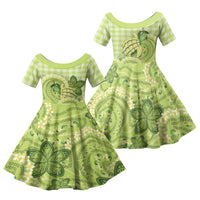 Hawaii Palaka Family Matching Off Shoulder Short Dress and Hawaiian Shirt Cute Green Mango Turtle On The Waves