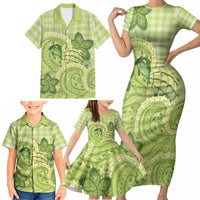 Hawaii Palaka Family Matching Short Sleeve Bodycon Dress and Hawaiian Shirt Cute Green Mango Turtle On The Waves