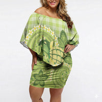 Hawaii Palaka Off Shoulder Short Dress Cute Green Mango Turtle On The Waves