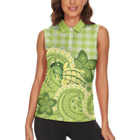Hawaii Palaka Women Sleeveless Polo Shirt Cute Green Mango Turtle On The Waves