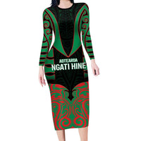 Custom Aotearoa Ngati Hine Family Matching Long Sleeve Bodycon Dress and Hawaiian Shirt Maori Pattern New Zealand DT05 Mom's Dress Green - Polynesian Pride