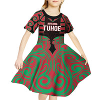 Custom Aotearoa Tuhoe Kid Short Sleeve Dress Maori Pattern New Zealand - Polynesian Pride