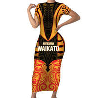 Custom Aotearoa Waikato Family Matching Short Sleeve Bodycon Dress and Hawaiian Shirt Maori Pattern New Zealand DT05 Mom's Dress Orange - Polynesian Pride