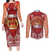 Tonga King's Birthday Couples Matching Long Sleeve Bodycon Dress and Long Sleeve Button Shirt Gold Royal Crown Tribal Patterns