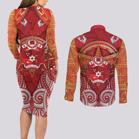 Tonga King's Birthday Couples Matching Long Sleeve Bodycon Dress and Long Sleeve Button Shirt Gold Royal Crown Tribal Patterns DT05 - Polynesian Pride