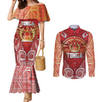 Tonga King's Birthday Couples Matching Mermaid Dress and Long Sleeve Button Shirt Gold Royal Crown Tribal Patterns DT05 Red - Polynesian Pride