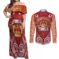 Tonga King's Birthday Couples Matching Off Shoulder Maxi Dress and Long Sleeve Button Shirt Gold Royal Crown Tribal Patterns