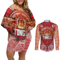 Tonga King's Birthday Couples Matching Off Shoulder Short Dress and Long Sleeve Button Shirt Gold Royal Crown Tribal Patterns DT05 Red - Polynesian Pride