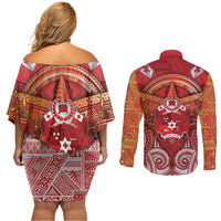 Tonga King's Birthday Couples Matching Off Shoulder Short Dress and Long Sleeve Button Shirt Gold Royal Crown Tribal Patterns DT05 - Polynesian Pride