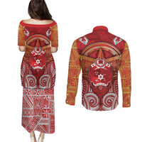 Tonga King's Birthday Couples Matching Puletasi and Long Sleeve Button Shirt Gold Royal Crown Tribal Patterns DT05 - Polynesian Pride