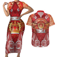 Tonga King's Birthday Couples Matching Short Sleeve Bodycon Dress and Hawaiian Shirt Gold Royal Crown Tribal Patterns DT05 Red - Polynesian Pride