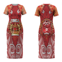 Tonga King's Birthday Couples Matching Short Sleeve Bodycon Dress and Long Sleeve Button Shirt Gold Royal Crown Tribal Patterns DT05 - Polynesian Pride