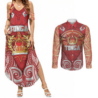 Tonga King's Birthday Couples Matching Summer Maxi Dress and Long Sleeve Button Shirt Gold Royal Crown Tribal Patterns DT05 Red - Polynesian Pride