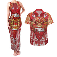 Tonga King's Birthday Couples Matching Tank Maxi Dress and Hawaiian Shirt Gold Royal Crown Tribal Patterns DT05 Red - Polynesian Pride
