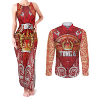 Tonga King's Birthday Couples Matching Tank Maxi Dress and Long Sleeve Button Shirt Gold Royal Crown Tribal Patterns DT05 Red - Polynesian Pride