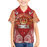 Tonga King's Birthday Family Matching Long Sleeve Bodycon Dress and Hawaiian Shirt Gold Royal Crown Tribal Patterns DT05 Son's Shirt Red - Polynesian Pride