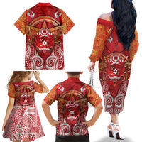 Tonga King's Birthday Family Matching Off The Shoulder Long Sleeve Dress and Hawaiian Shirt Gold Royal Crown Tribal Patterns DT05 Mom's Dress Red - Polynesian Pride
