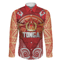 Tonga King's Birthday Family Matching Off The Shoulder Long Sleeve Dress and Hawaiian Shirt Gold Royal Crown Tribal Patterns DT05 Daughter's Dress Red - Polynesian Pride