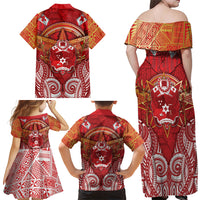 Tonga King's Birthday Family Matching Off Shoulder Maxi Dress and Hawaiian Shirt Gold Royal Crown Tribal Patterns DT05 Mom's Dress Red - Polynesian Pride
